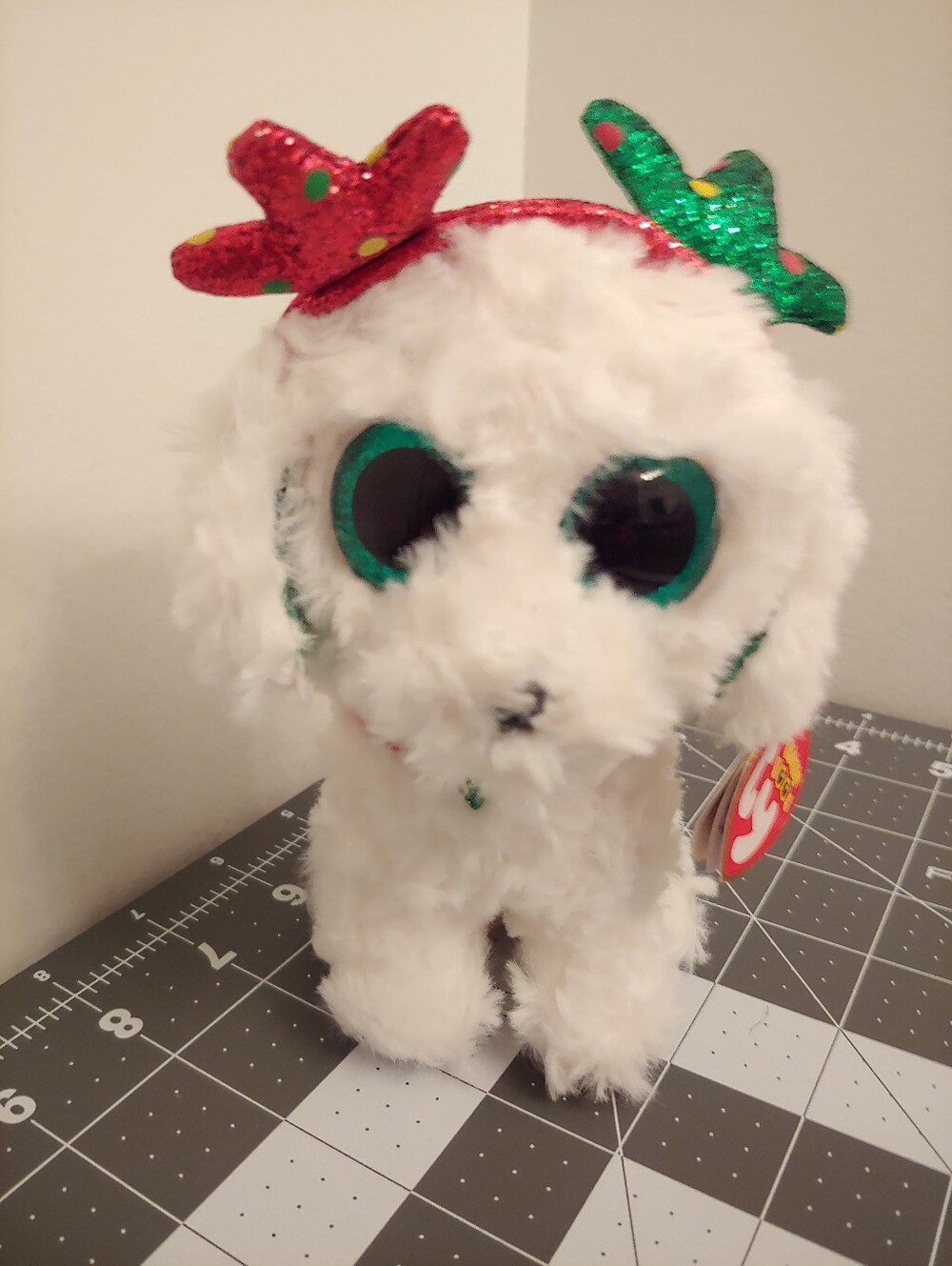 Ty Beanie White Plush 8" Puppy with Green and Red Sequin Antlers